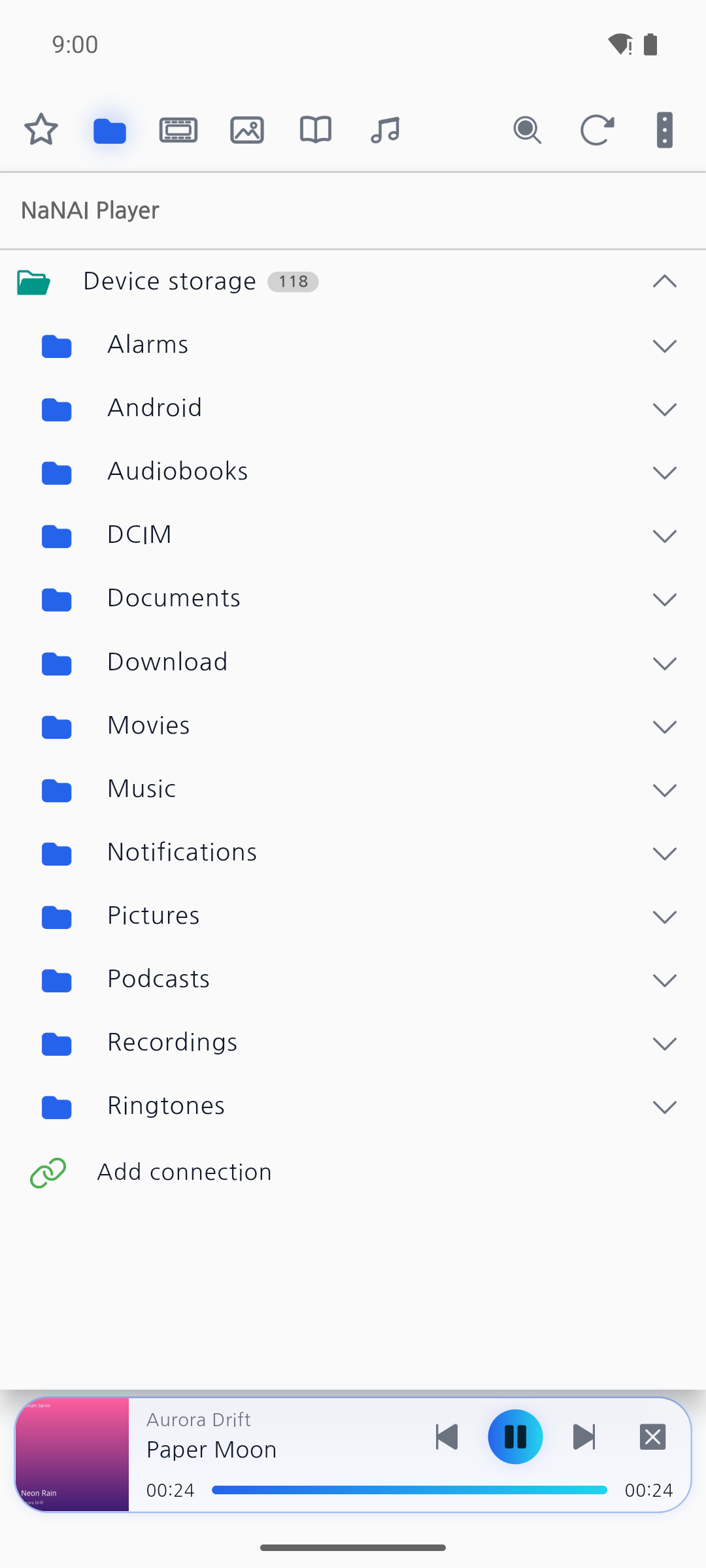 Folder tree browsing device storage