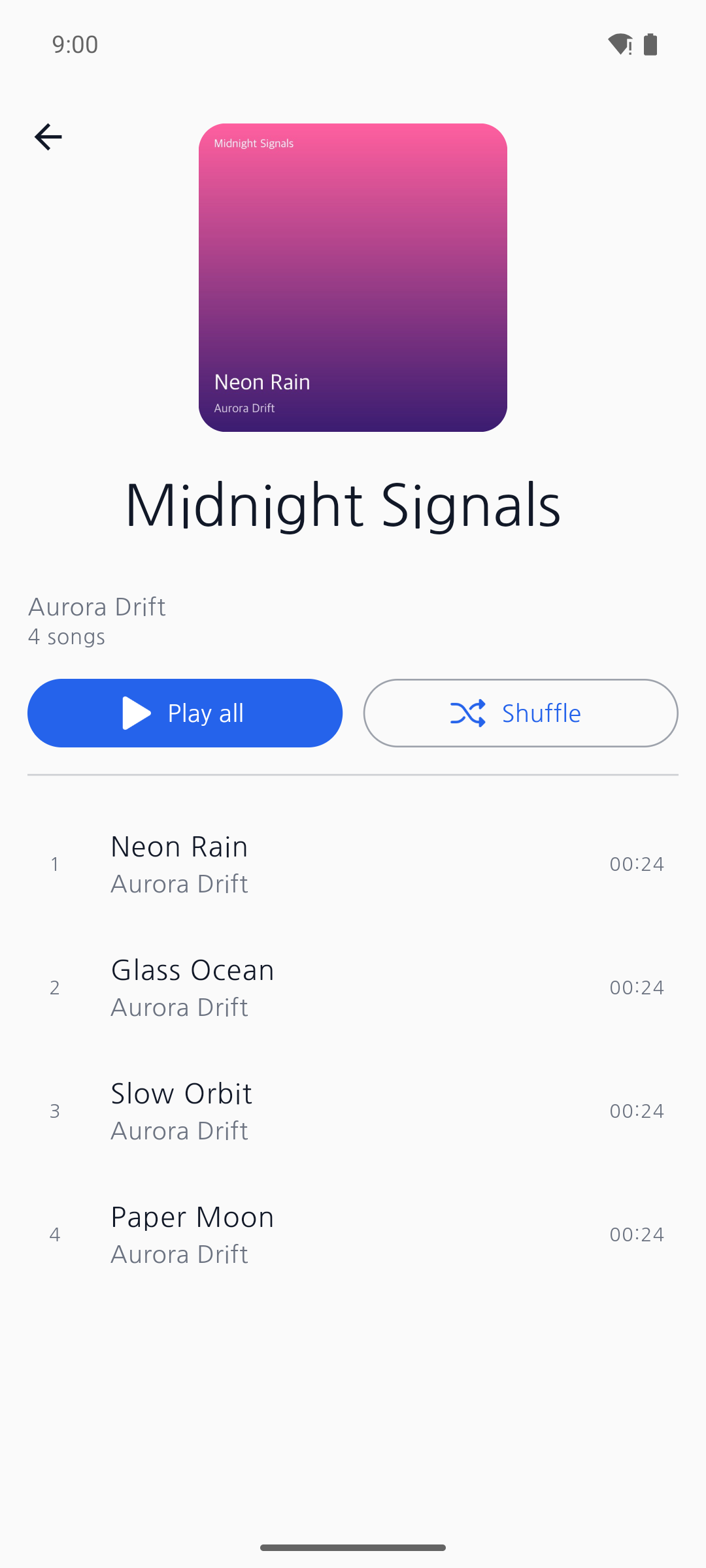 Album detail — sample album Midnight Signals by Aurora Drift