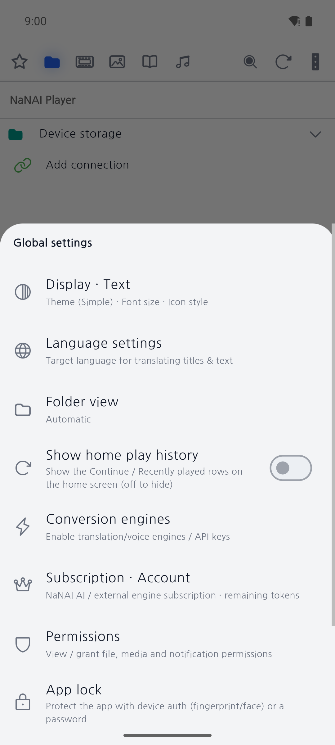 Global settings sheet